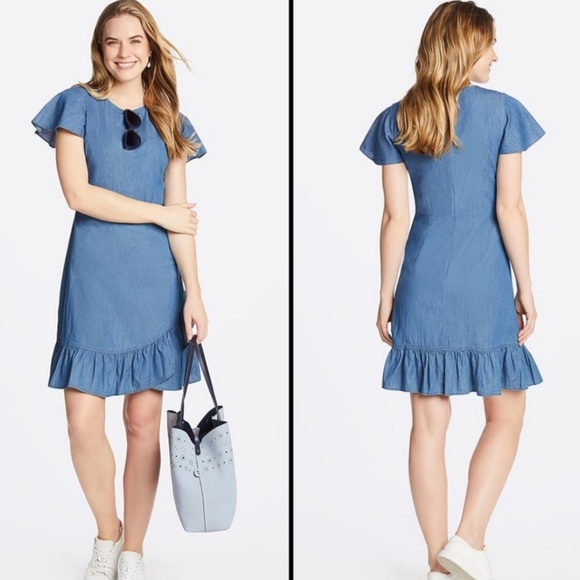 Draper James Chambray Faux Wrap Dress Blue  Ruffle Size 10 NWT - Picture 4 of 7